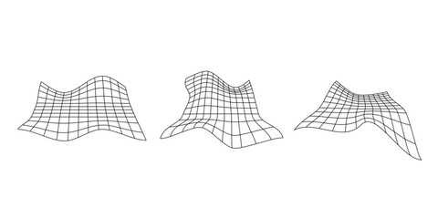 Poster - Distorted perspective grid set. Glitch rectangle plane collection. Wavy futuristic elements. Ripple wireframes. Vector abstract