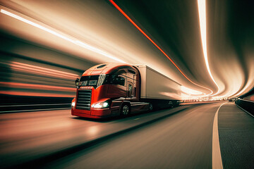 Wall Mural - Semi Truck at Speed in Tunnel - Generative Ai