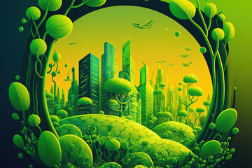Wall Mural - illustration of a green, future city with organic construction for use in science fiction and fantas