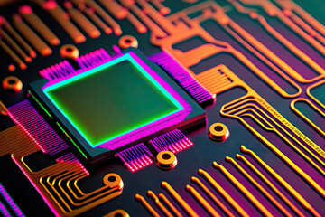 Poster - macro of neon colored silicon wafer integrated circuits used to create CPU and GPUs. Generative AI