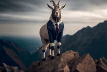 Goat In A Suit Standing On Top Of A Mountain, Symbolising The Climb To The Top Of Success In The Business World (AI Generated)