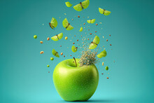 Fresh Green Apple In Flight With Seeds On A Blue Background. Summer Fruits, Levitated Food, And. Generative AI