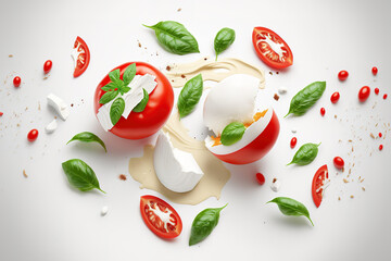 Wall Mural - Traditional Italian components for a caprese salad falling red tomatoes, mozzarella, and basil on a white background. Generative AI