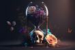 Memento mori is symbolized as a skull inside an hourglass with a flower in blossom, generative ai, realistic, wallpaper