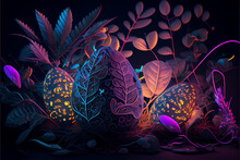 Illustration Of Glow Neon Eggs In Tropics Rain Forest . AI