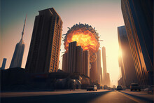 Illustration Of Terrorist Attack Explosion Of A Building In The City Centre. AI