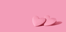 Two Pink Hearts On Pink Background. Minimal Monochrome For St Valentines Day Or 14 February. Mothers Day Or Wedding Invitation