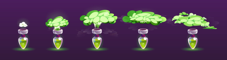 Aufkleber - Potion bottle with puff cloud animation set isolated on background. Vector cartoon illustration of glass flasks or test tube with magic green elixir, explosion or evaporation gas effect
