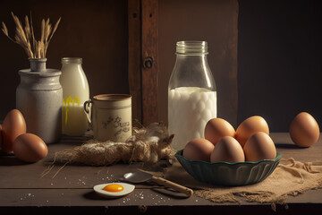 Wall Mural - on the table are chicken eggs. Farm goods and organic eggs. Generative AI