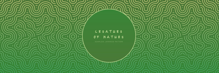 Wall Mural - Lucky shamrock seamless pattern in oriental geometric style. Green and yellow natural pattern with wavy leaves asian ornament. Vector line graphic repeatable art.