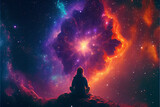 Fototapeta Kosmos - illustration of woman in lotus position meditating in stars space milky way background.AI