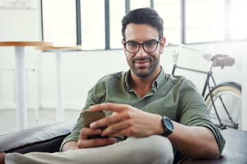 Poster - Creative businessman, phone and smile for social media, communication or advertising at office. Portrait of happy employee man smiling with smartphone in networking or online conversation for startup