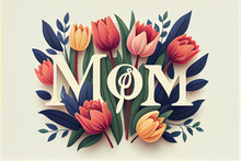 Cartoon Style Illustration Of Flowers For Congratulation To Mother's Day And Text Inscription Mom . AI