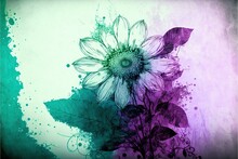  A Painting Of A Flower With A Purple Background And A Green Background With A White Flower And Leaves On It, With A Blue And Purple Background With A Green Border With A White Border.