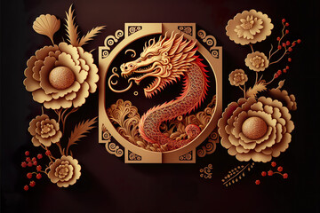 Wall Mural - Paper cut style , Happy chinese new year 2024 , the dragon zodiac and flower with gold style on color background , Generative Ai