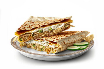 With layers of chicken meat, cucumber, cabbage, and cheese presented on a dish with a white background, two portions of Eastern cheesy shawarma. Lavash bread is used to encase Turkish donner