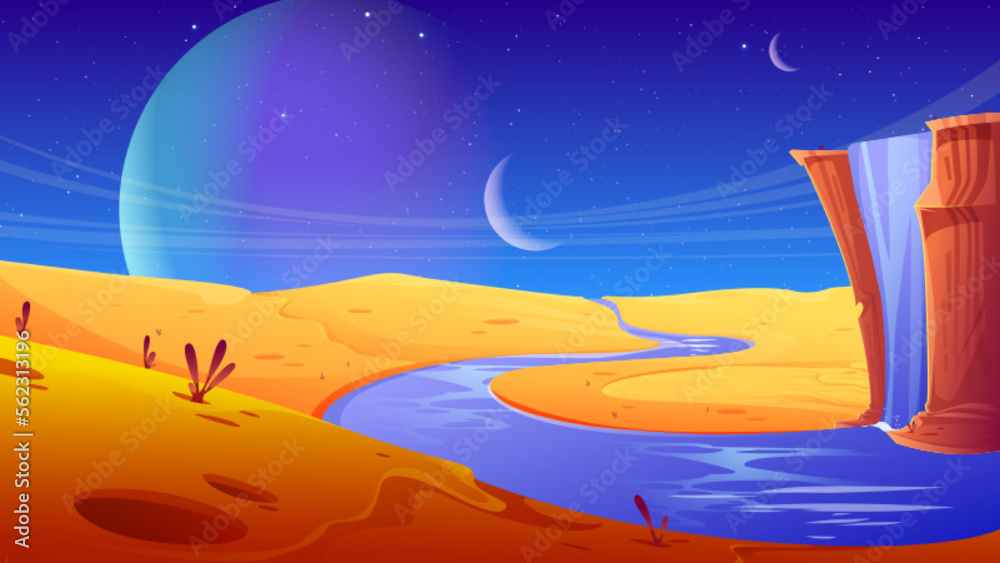 Alien planet with waterfall and desert river. Vector cartoon ...