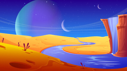 Alien planet with waterfall and desert river. Vector cartoon illustration of sandy landscape, water flowing from rocky mountain against night sky with moon and stars. Cosmic game background design