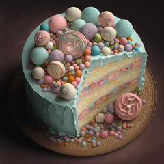 Wall Mural - Birthday celebration layer cake cut, pastel blue icing and candies decoration in a plate, dark background. AI generative