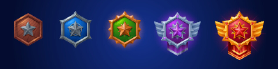 Poster - cartoon set of game badges of different rank isolated on dark blue background. vector illustration o