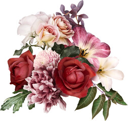 Wall Mural - Red roses isolated on a transparent background. Png file.  Floral arrangement, bouquet of garden flowers. Can be used for invitations, greeting, wedding card.