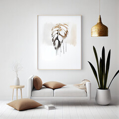 Wall Mural - Stylish and modern boho interior of living room with mock up photo frames, Bohemian concept. Mockup ready to use. Generative AI