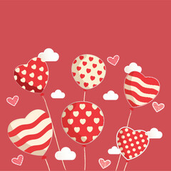 Sticker - Red And White Heart Shapes With Balloons, Clouds And Copy Space. Happy Valentine's Day Concept.