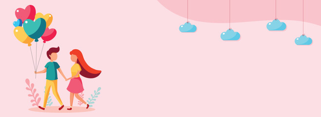 Sticker - Walking Boy Holding Heart Balloons With Partner Hand, Hanging Clouds, Leaves on Pastel Pink Background And Copy Space. Happy Valentine's Day Concept.