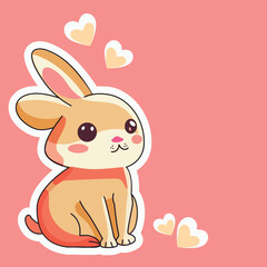 Sticker - Sticker Style Cute Rabbit Or Bunny Sitting With Flying Hearts On Pastel Pink Background.  Love Or Valentine's Day Concept.