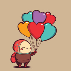 Poster - Isolated Cute Baby Character Holding Colorful Heart Shape Balloons On Pastel Brown Background. Love Or Valentines Day Concept.