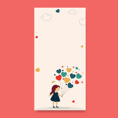 Canvas Print - Cute Little Girl Holding Colorful Heart Shape Balloons With Clouds And Copy Space. Love Or Valentine's Day Concept.