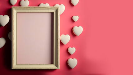 Canvas Print - 3D Render, Photo Frame With Image Placeholder Against Hearts Decorated Red Wall.