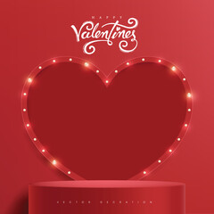 Wall Mural - valentine's day sale banner backgroud with red product display and retro light bulbs heart shape sig