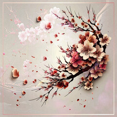 Wall Mural - branch with beautiful sakura flowers and falling petals realistic composition