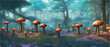 Surreal mushroom landscapes, fantasy wonderland landscape with moon mushrooms. vector illustration. Dreamy fantasy mushrooms in a magical forest. banner illustration