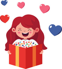 Poster - Laughing Girl Holding Card Or Letter With Colorful Hearts. Love Or Valentine Concept.