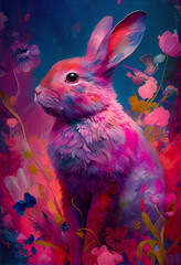 Wall Mural - Ai, Art painting style of a pink bunny.