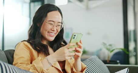 Poster - Business woman, phone or success fist on working office sofa, digital marketing startup or Asian advertising company. Smile, happy or winner creative designer on mobile technology or cheering goals
