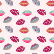 Seamless pattern with lipstick kisses. Imprints of lipstick of red and pink shades. Can be used for the design of fabric print, wrapping paper, or romantic greeting cards.