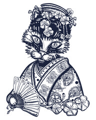 Wall Mural - Asian kitty geisha princess. Funny oriental cat. Old school tattoo vector art. Hand drawn graphic. Isolated on white. Traditional flash tattooing style