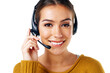 © R Jordaan/peopleimages.com - Call center consultant, portrait of happy woman isolated with smile and communication on white background. Telemarketing, crm and woman in headset at help desk for customer service agency in studio.
