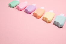Ice Cream Toys Made From Plastic On Pink Background With Copy Space