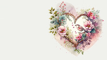 Elegant Mother's Day Background With Pink Love Heart. Watercolor Flowers Design With Copy-space. Generative AI.