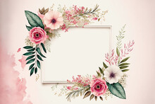 Valentine's Day Frame Decorated With Pink Watercolor Flowers. Elegant Rectangle Design With Copy-space.