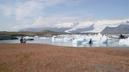 Sticker - Floating icebergs in Jokulsarlon Lagoon on a sunny summer day, view from the car parking