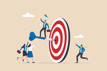 Achievement, reaching goal or meet target, winning business challenge, success or teamwork helping to achieve target concept, success businessman holding winning flag on dart hitting bullseye target.