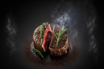 Wall Mural - On a dark background, grilled beef fillet steaks with herbs and spices. Generative AI