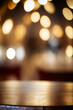 wooden table in a cafe, restaurant or bar, empty scene with bokeh lights background, copy space, image resource for design, vertical aspect ratio, generative AI