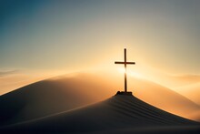 Wooden Cross Stands In The Desert, Rays Of Sunlight. Generative AI