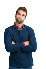 Poster - Sad, question and thinking businessman with choice, option or decision for career problem in studio. Young corporate worker with dilemma and doubt expression on face with isolated white background.